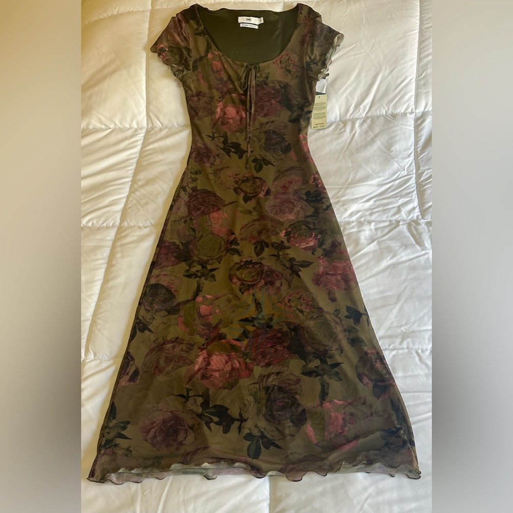 Twik Olive and Burgundy Floral Midi Dress